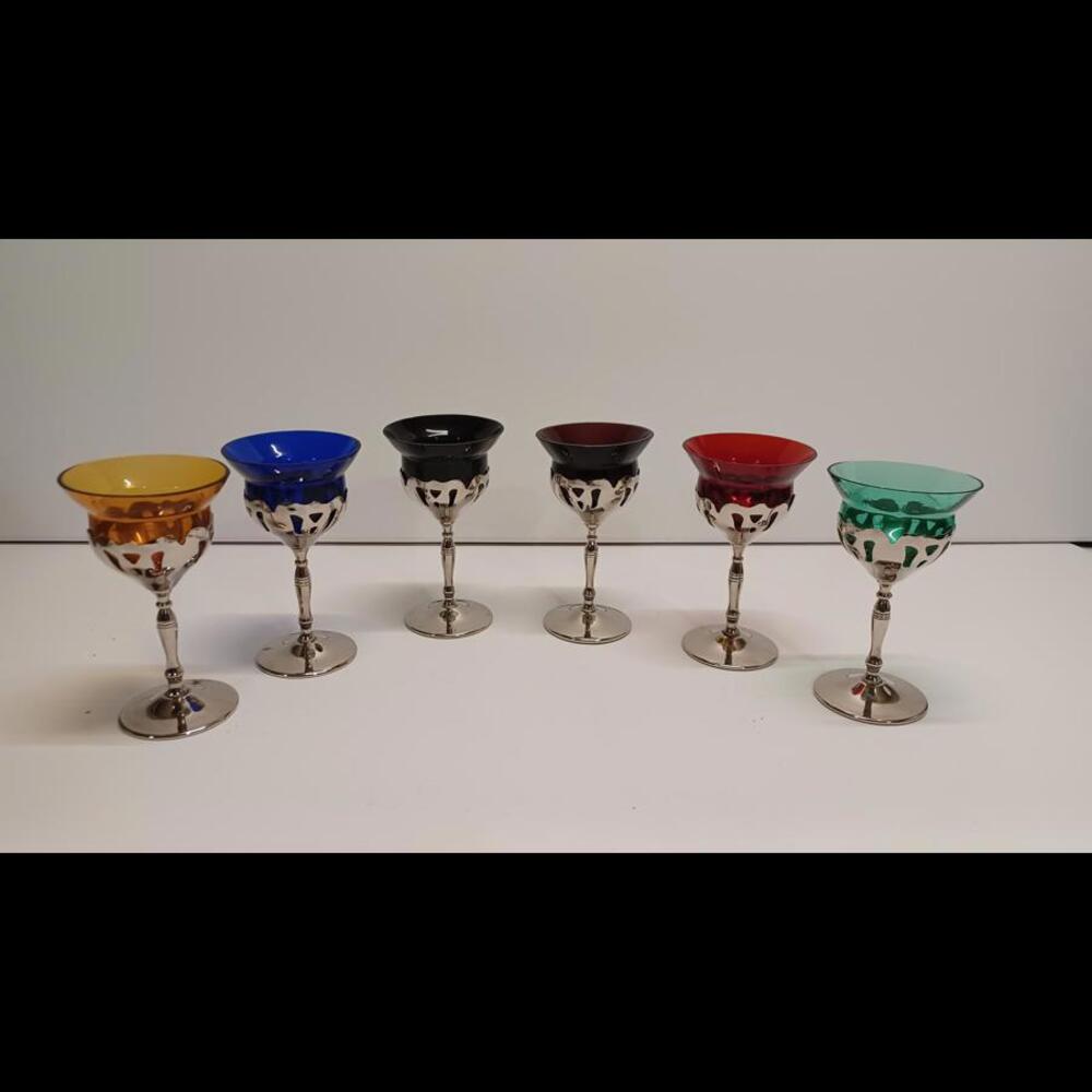 Vintage Colorful Art Deco Cocktail Glass Set with Chrome Stems‎